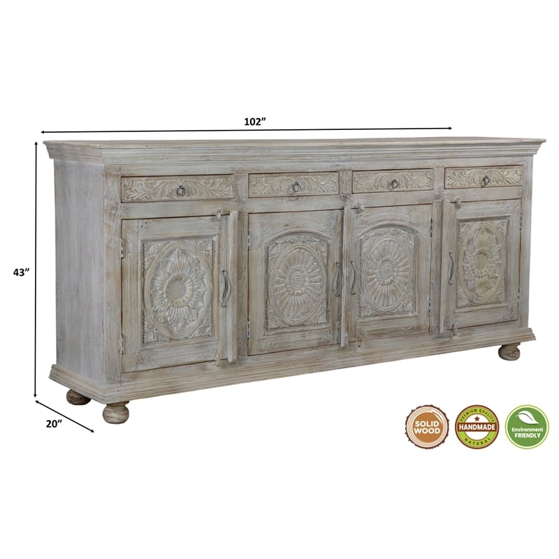Pemberly Row 4-drawer 4-Door Carved Solid Wood Sideboard in Gray