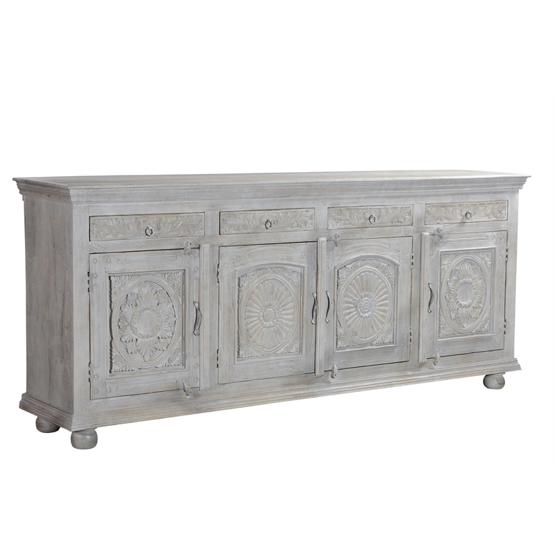 Pemberly Row 4-drawer 4-Door Carved Solid Wood Sideboard in Gray