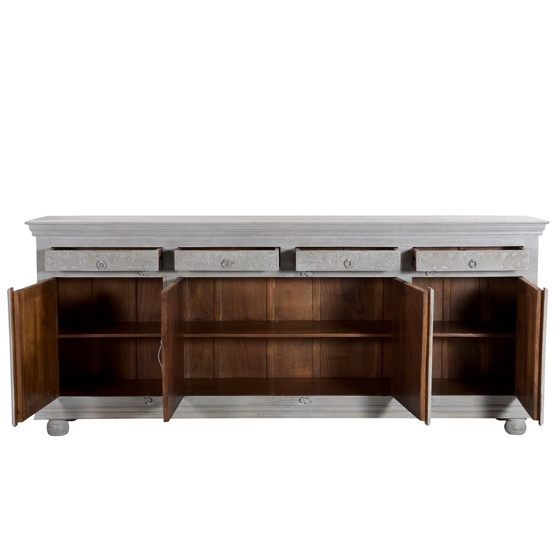 Pemberly Row 4-drawer 4-Door Carved Solid Wood Sideboard in Gray
