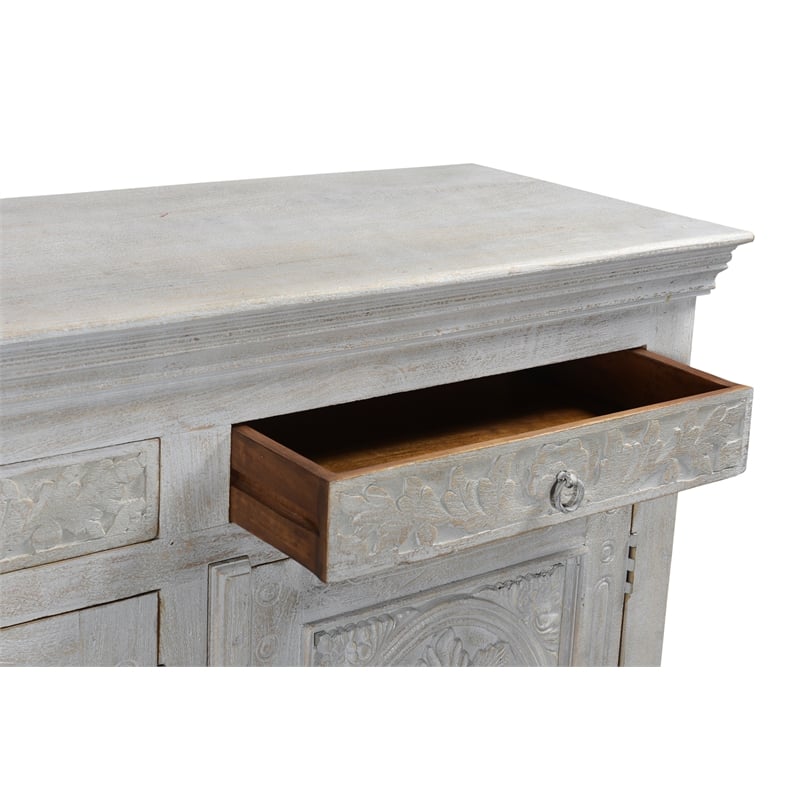 Pemberly Row 4-drawer 4-Door Carved Solid Wood Sideboard in Gray