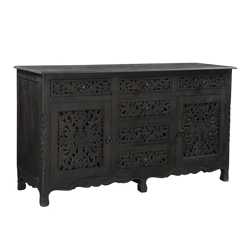 Pemberly Row 6-drawer 2-Door Carved Solid Wood Sideboard in Black