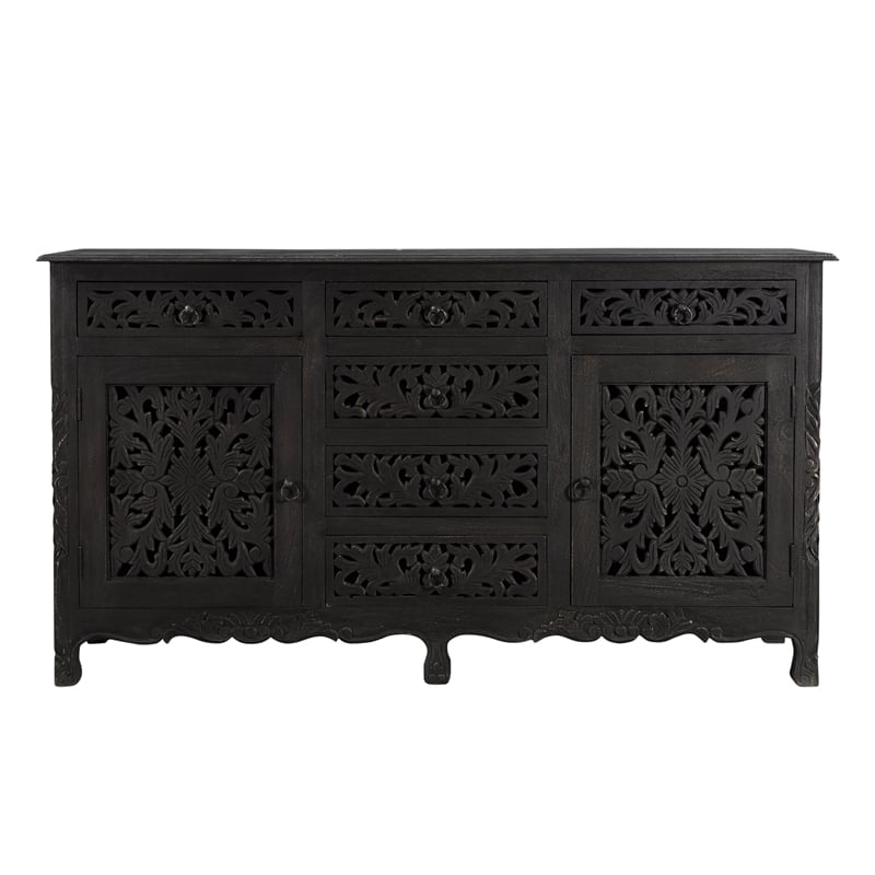 Pemberly Row 6-drawer 2-Door Carved Solid Wood Sideboard in Black