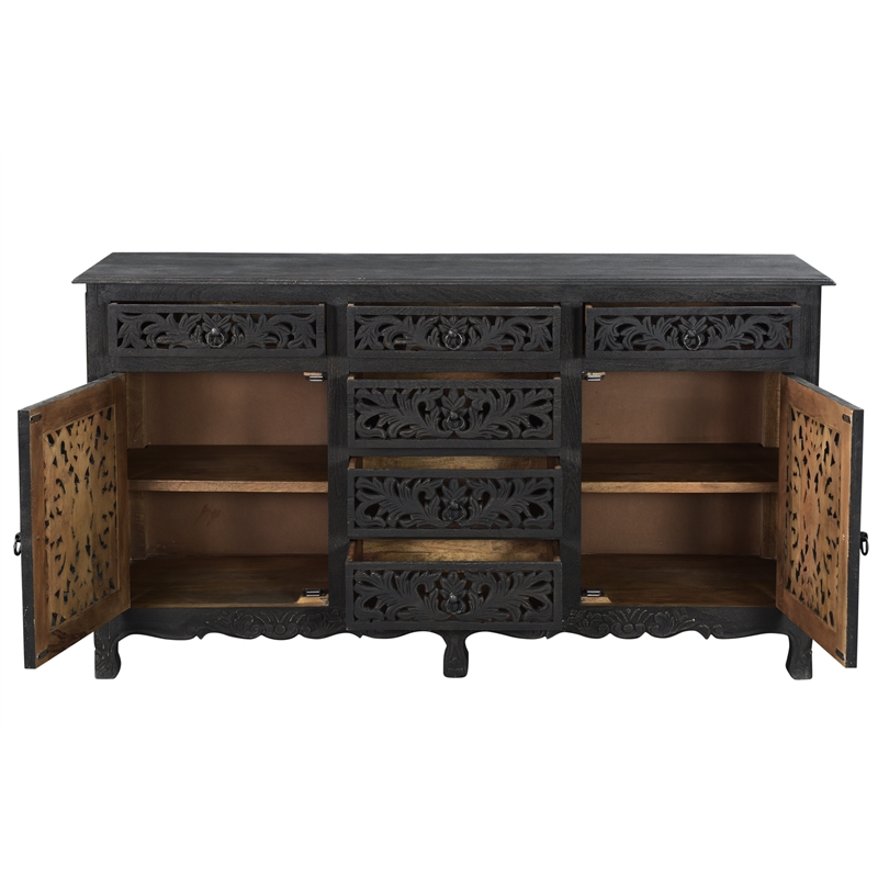 Pemberly Row 6-drawer 2-Door Carved Solid Wood Sideboard in Black