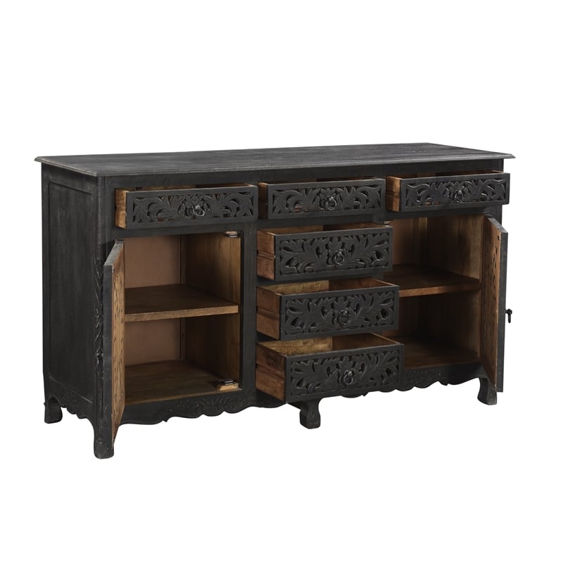 Pemberly Row 6-drawer 2-Door Carved Solid Wood Sideboard in Black