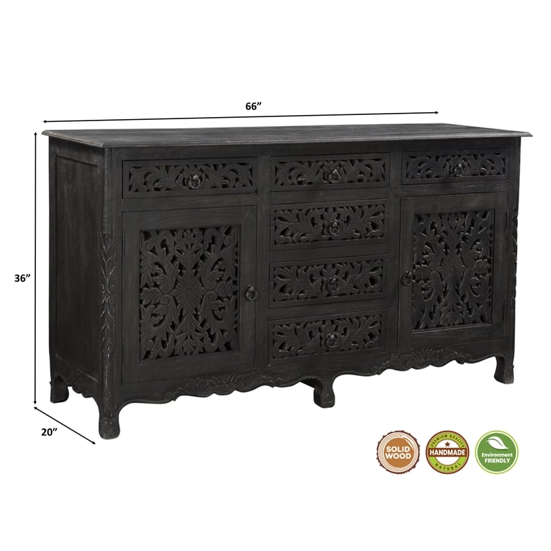 Pemberly Row 6-drawer 2-Door Carved Solid Wood Sideboard in Black