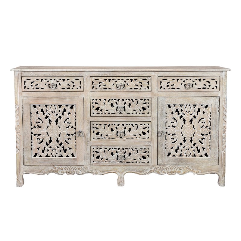 Pemberly Row 6-drawer 2-Door Carved Solid Wood Sideboard in White