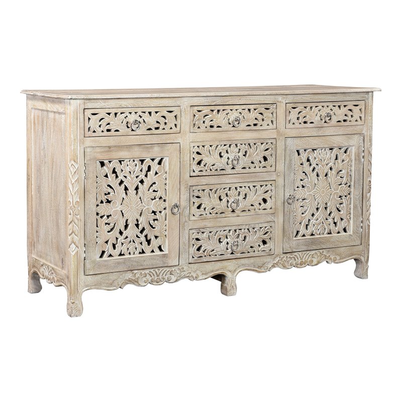 Pemberly Row 6-drawer 2-Door Carved Solid Wood Sideboard in White