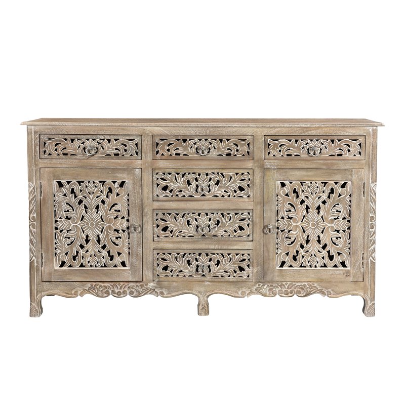Pemberly Row 6-drawer 2-Door Carved Solid Wood Sideboard in Gray