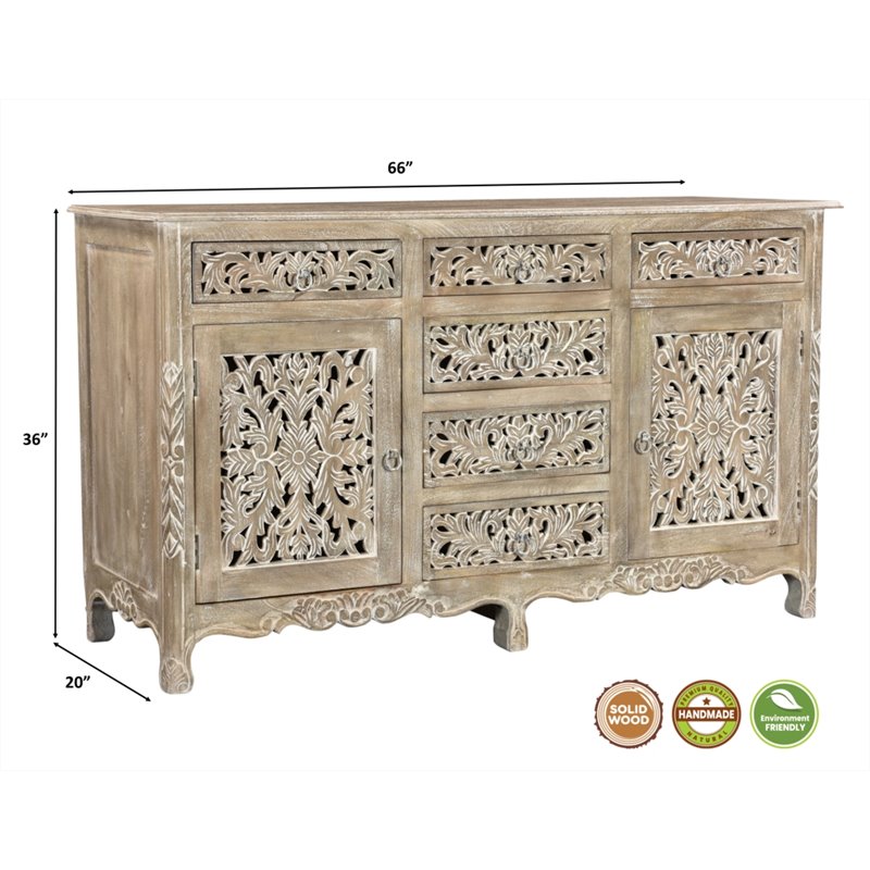 Pemberly Row 6-drawer 2-Door Carved Solid Wood Sideboard in Gray