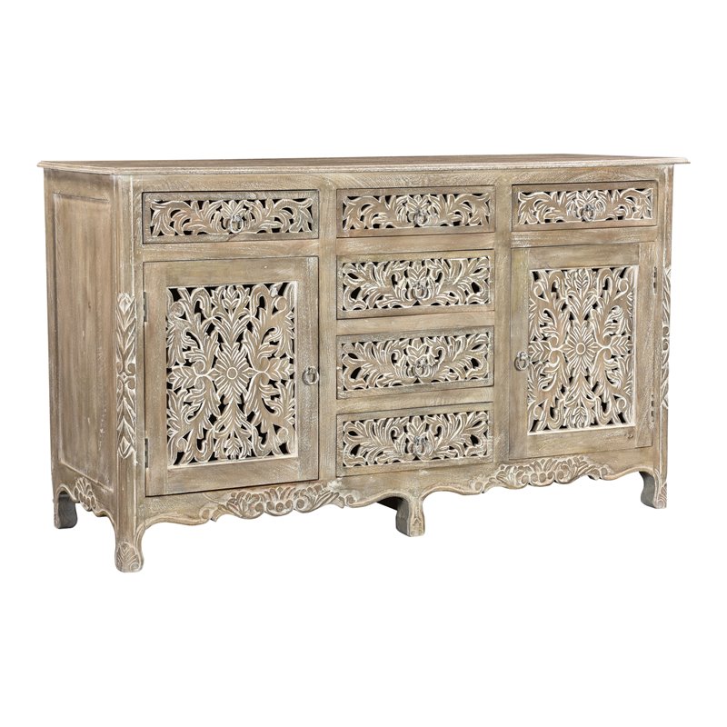 Pemberly Row 6-drawer 2-Door Carved Solid Wood Sideboard in Gray