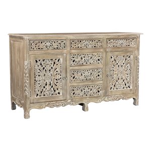 Pemberly Row 6-drawer 2-Door Carved Solid Wood Sideboard in Gray