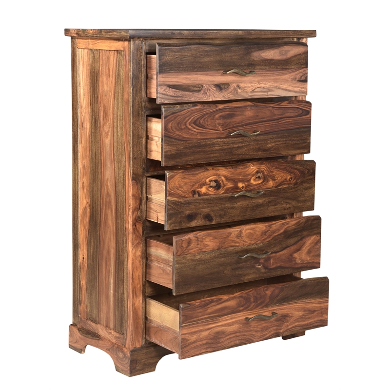 Pemberly Row 5-drawer Live Edge Solid Wood Chest in Dark Brown