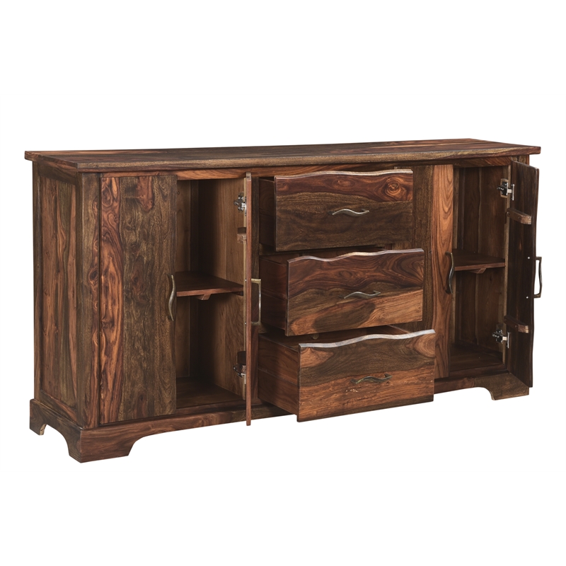 Pemberly Row 3-drawer 4-Door Live Edge Solid Wood Sideboard in Dark Brown