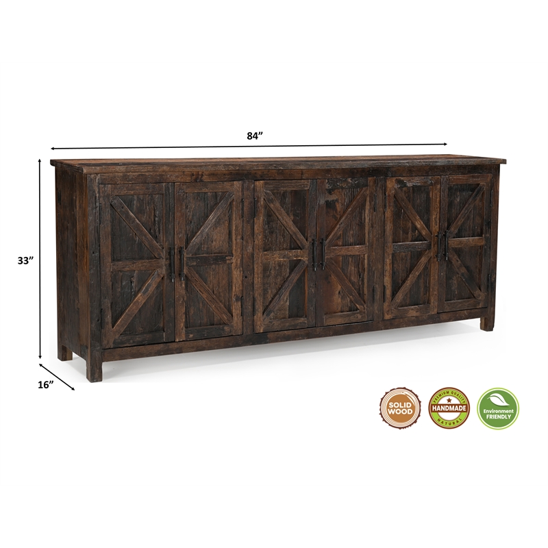 Pemberly Row Farmhouse 6-Door Solid Wood Sideboard in Dark Brown