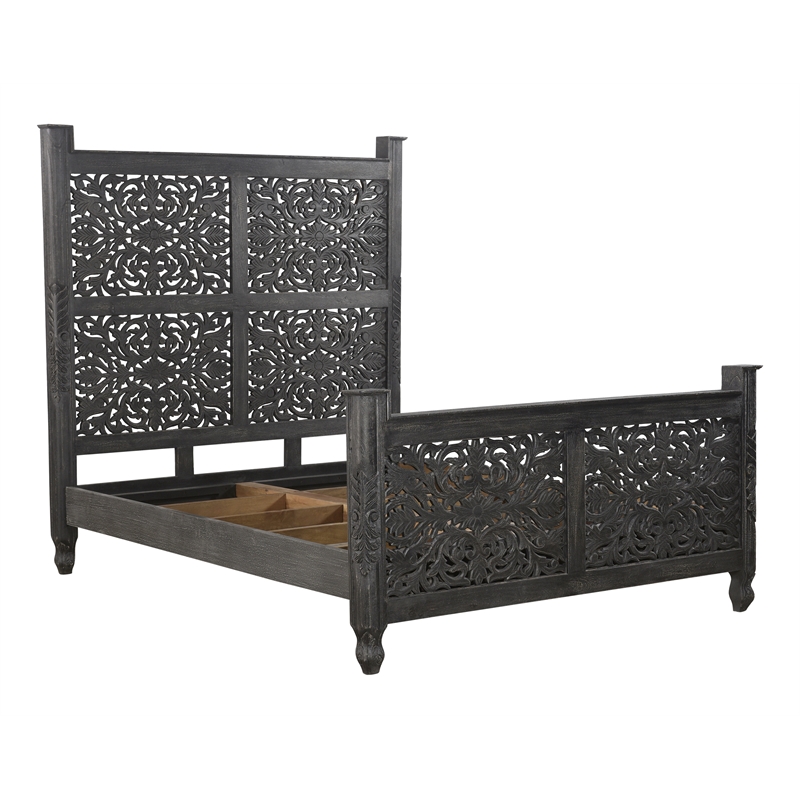 Pemberly Row Floral Carved Solid Wood Queen Panel Bed in Black