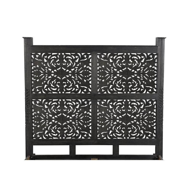 Pemberly Row Floral Carved Solid Wood Queen Panel Bed in Black