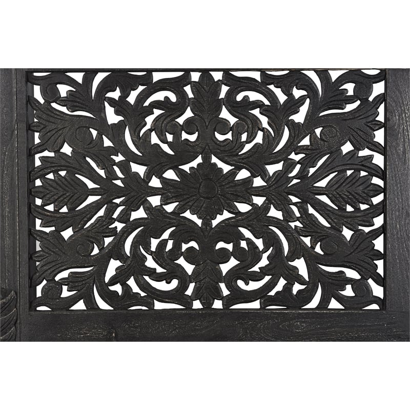 Pemberly Row Floral Carved Solid Wood Queen Panel Bed in Black