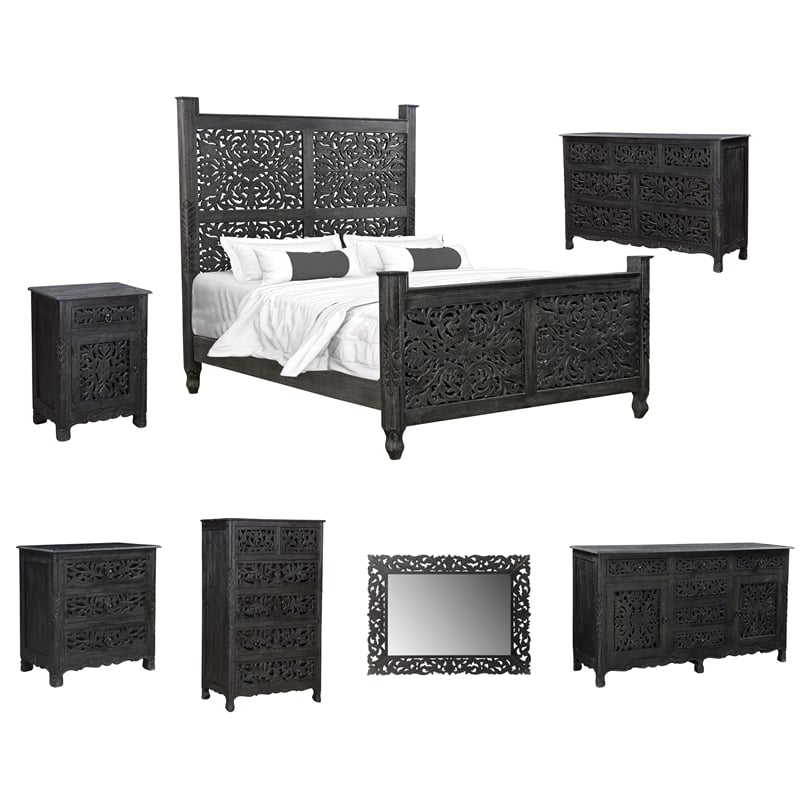 Pemberly Row Floral Carved Solid Wood Queen Panel Bed in Black