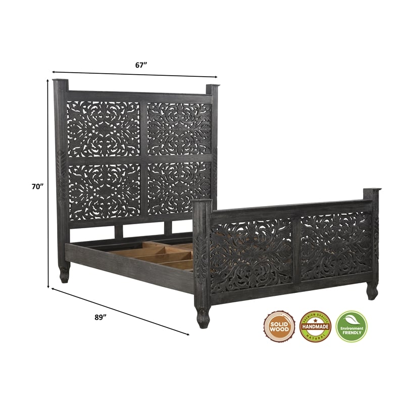 Pemberly Row Floral Carved Solid Wood Queen Panel Bed in Black