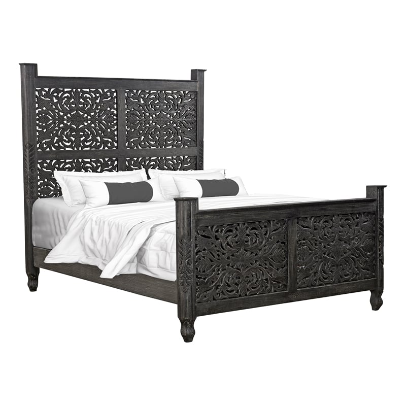Pemberly Row Floral Carved Solid Wood Queen Panel Bed in Black