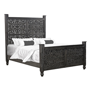 Pemberly Row Floral Carved Solid Wood Queen Panel Bed in Black
