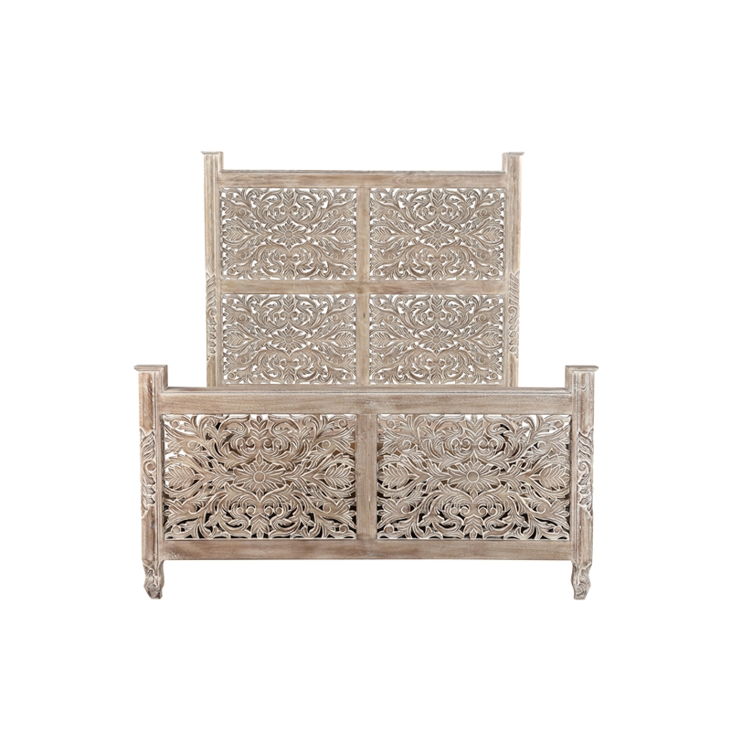 Pemberly Row Floral Carved Solid Wood Queen Panel Bed in Gray