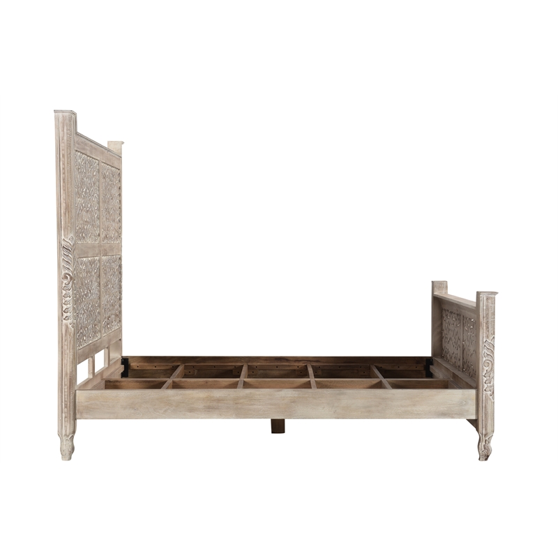 Pemberly Row Floral Carved Solid Wood Queen Panel Bed in Gray