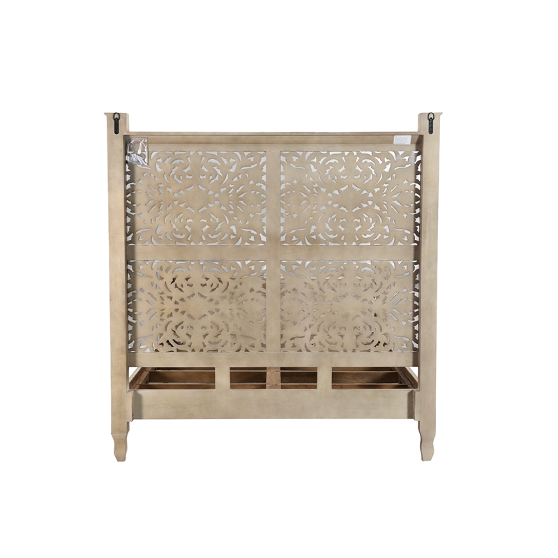 Pemberly Row Floral Carved Solid Wood Queen Panel Bed in Gray