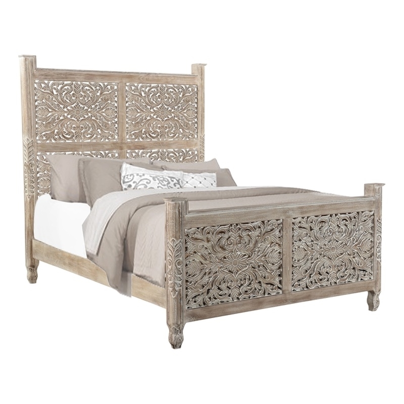 Pemberly Row Floral Carved Solid Wood Queen Panel Bed in Gray