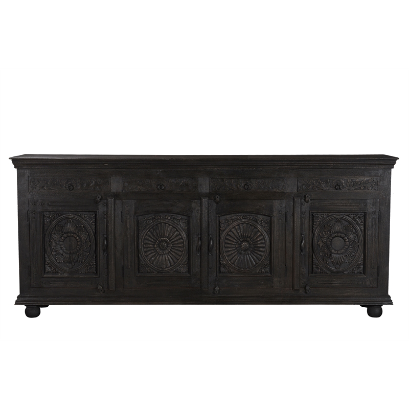 Pemberly Row 4-drawer 4-Door Carved Solid Wood Sideboard in Black