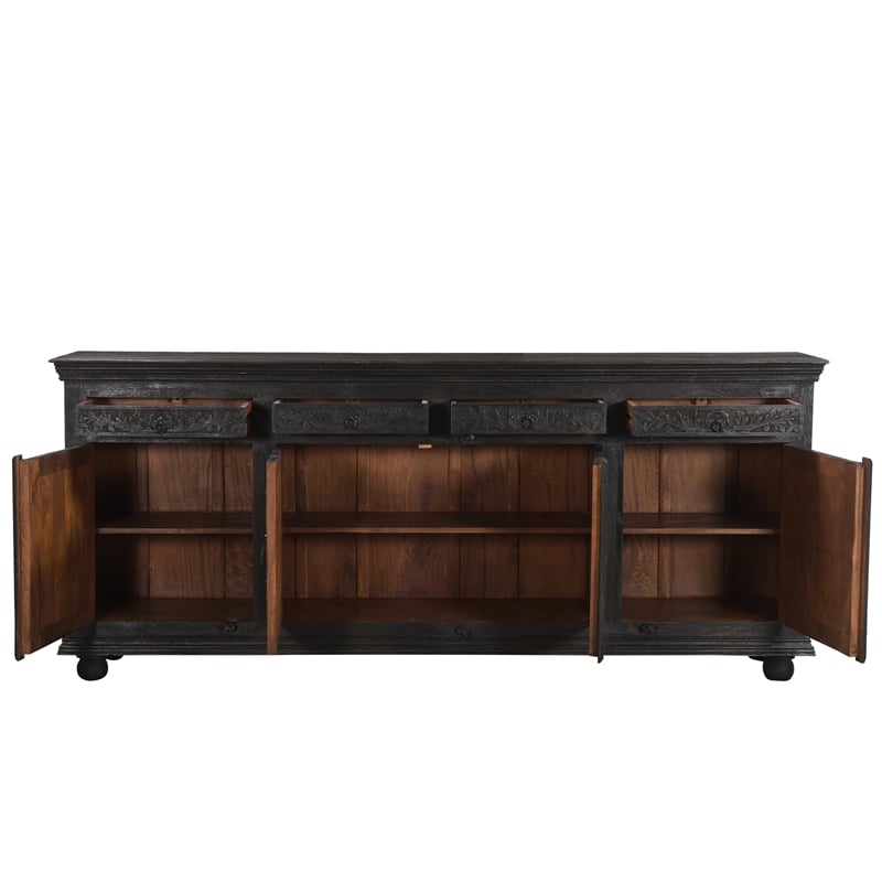 Pemberly Row 4-drawer 4-Door Carved Solid Wood Sideboard in Black