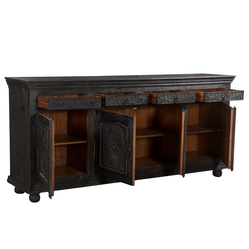 Pemberly Row 4-drawer 4-Door Carved Solid Wood Sideboard in Black