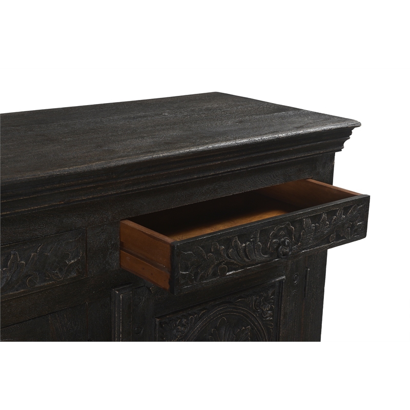 Pemberly Row 4-drawer 4-Door Carved Solid Wood Sideboard in Black