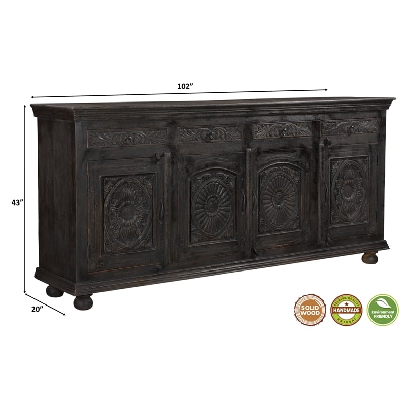Pemberly Row 4-drawer 4-Door Carved Solid Wood Sideboard in Black