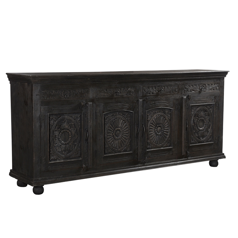 Pemberly Row 4-drawer 4-Door Carved Solid Wood Sideboard in Black