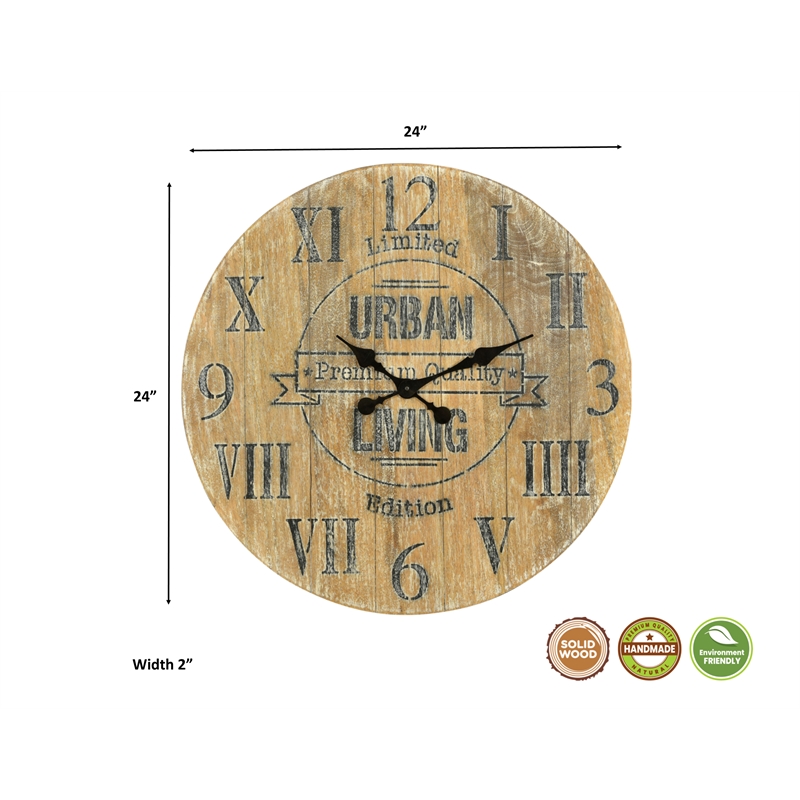 Pemberly Row Farmhouse Round Solid Wood Wall Clock in Weathered Beige