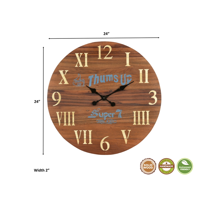 Pemberly Row Farmhouse Round Solid Wood Wall Clock in Dark Brown