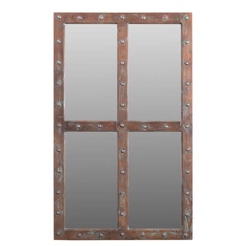 Pemberly Row Solid Wood Weathered Windowpane Accent Mirror in Brown