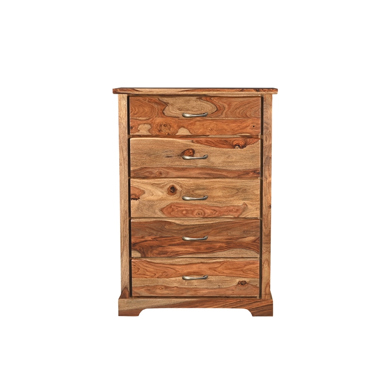Pemberly Row Mid-Century 5-drawer Live Edge Solid Wood Chest in Brown