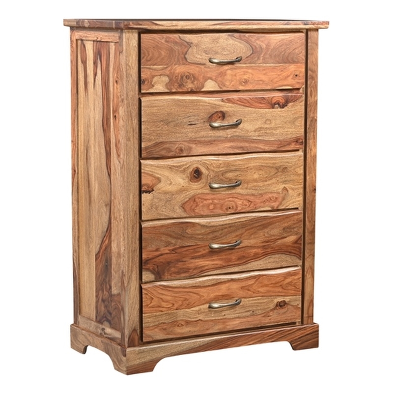 Pemberly Row Mid-Century 5-drawer Live Edge Solid Wood Chest in Brown