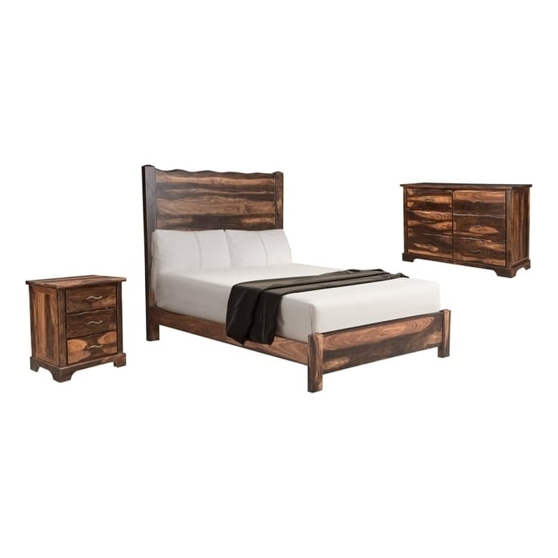 Pemberly Row 3-piece Solid Wood Queen Bedroom Set in Dark Brown