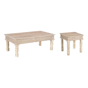 Pemberly Row 2-piece Carved Solid Wood Living Room Table Set in White