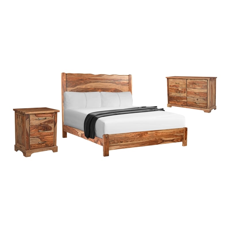 Pemberly Row Mid-Century 3-piece Live Edge Wood Bedroom Set in Brown