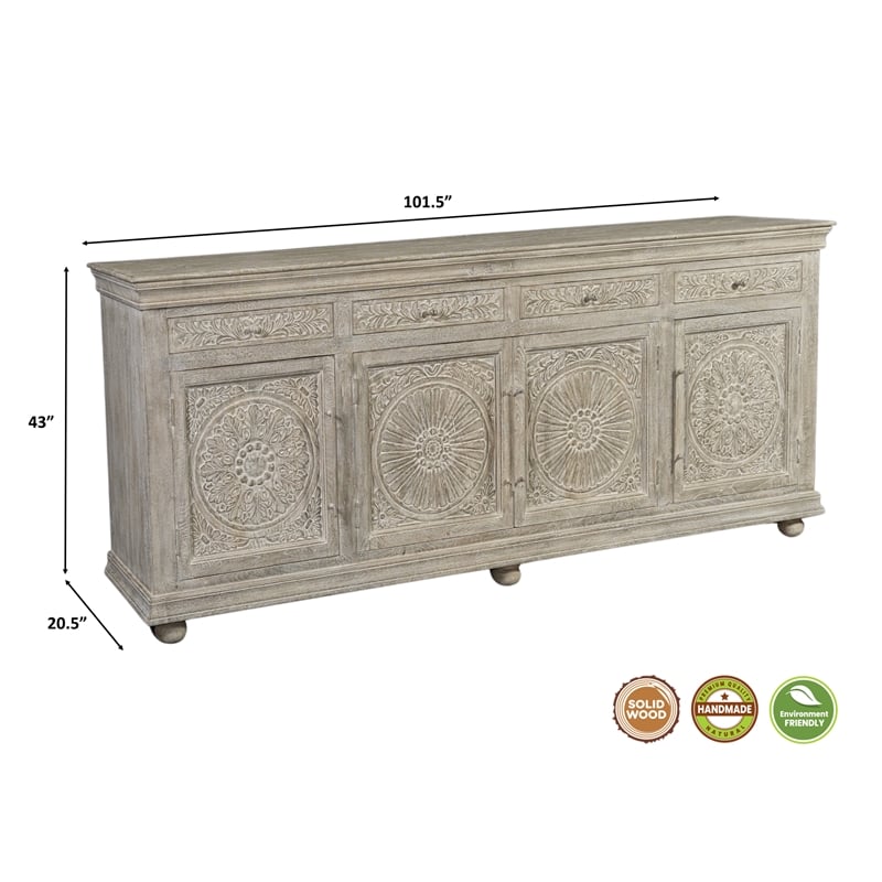 Pemberly Row Traditional Floral Carved Solid Wood Sideboard in White