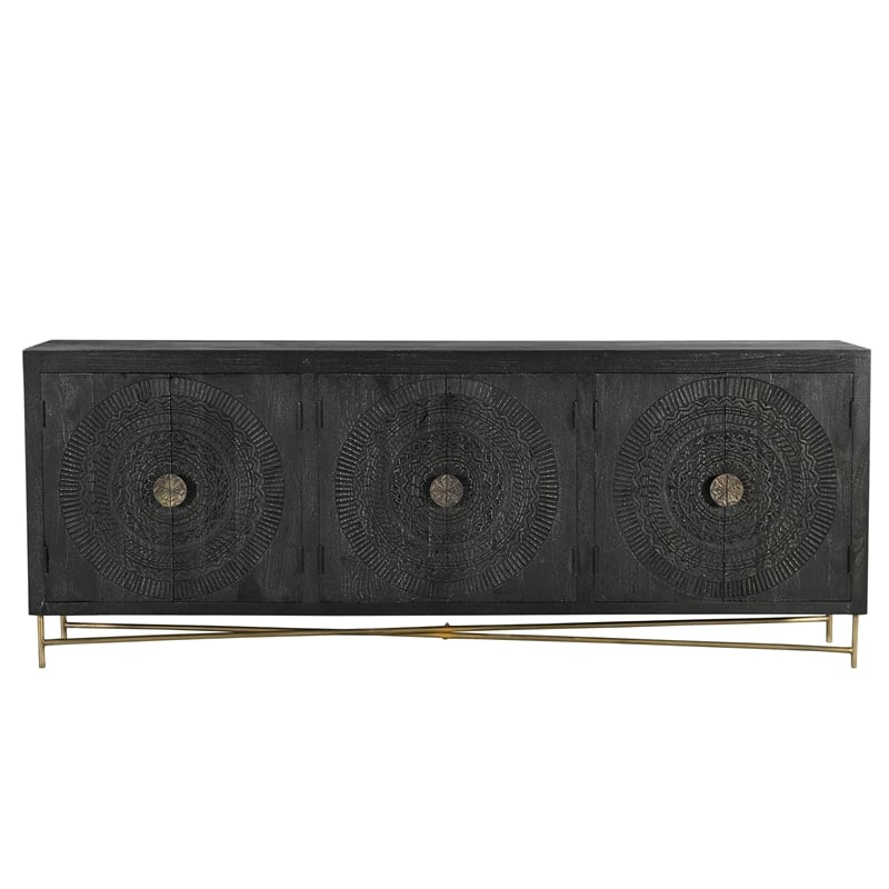 Pemberly Row Traditional 6-Door Carved Solid Wood Sideboard in Black