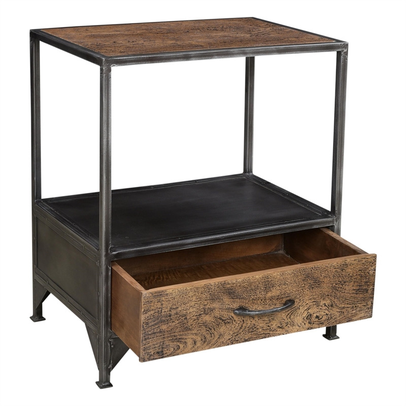 Pemberly Row Farmhouse 1-Drawer Solid Wood Nightstand in Brown/Black
