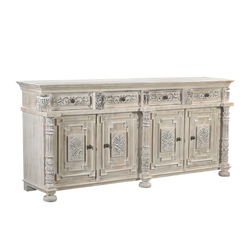 Pemberly Row 4-drawer 4-Door Carved Solid Wood Sideboard in White