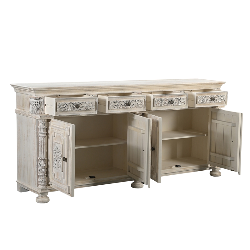 Pemberly Row 4-drawer 4-Door Carved Solid Wood Sideboard in White