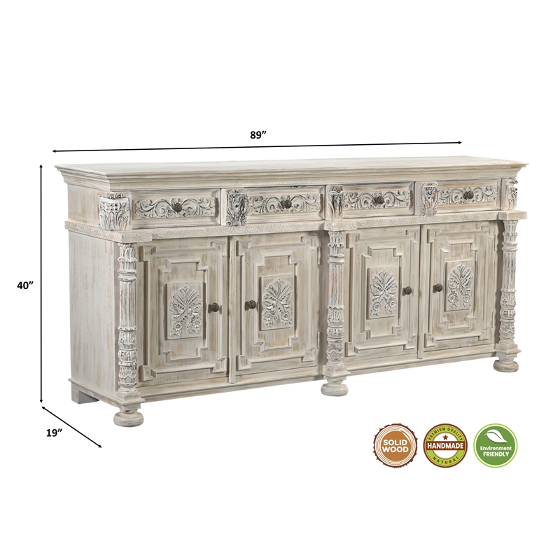 Pemberly Row 4-drawer 4-Door Carved Solid Wood Sideboard in White