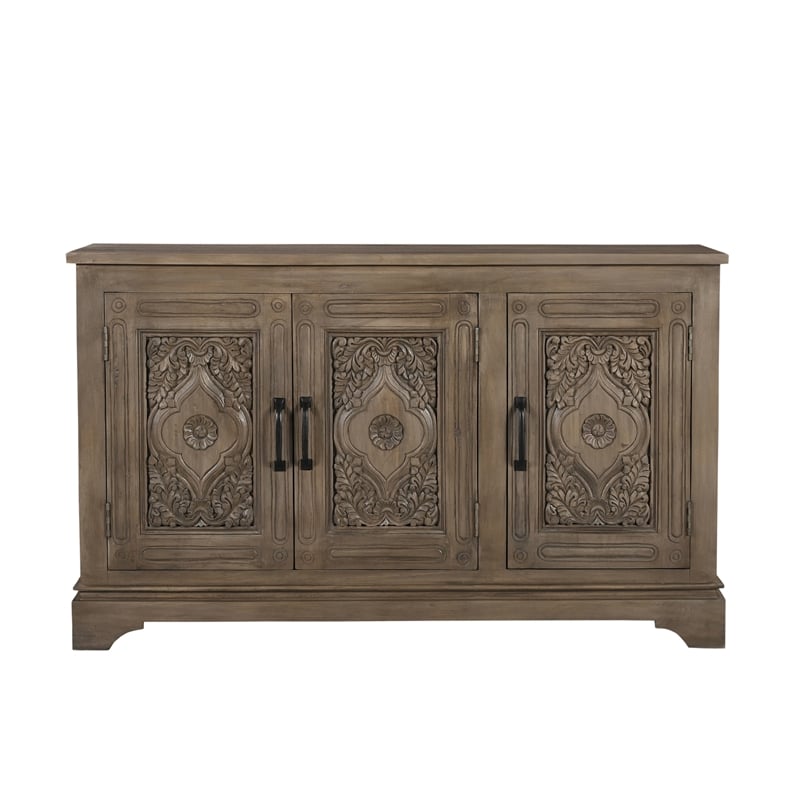 Pemberly Row Traditional 3-Door Carved Solid Wood Sideboard in Brown
